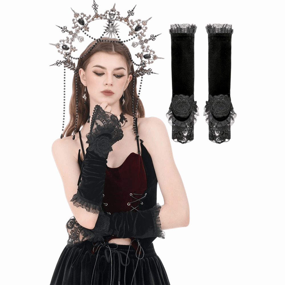 Darkinlove Women's Gothic Floral Lace-up Velvet Arm Sleeves