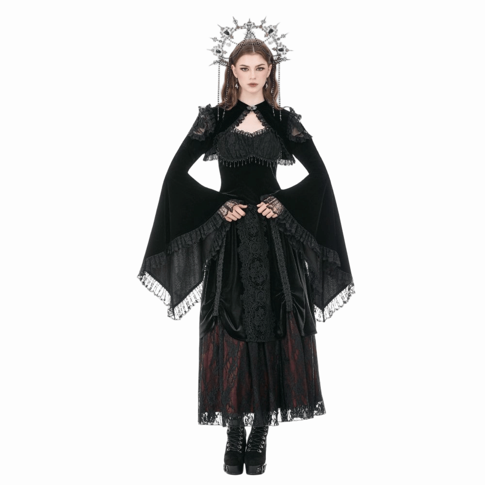 Darkinlove Women's Gothic Floral Mesh Splice Ruffled Flare Sleeve Velvet Cape