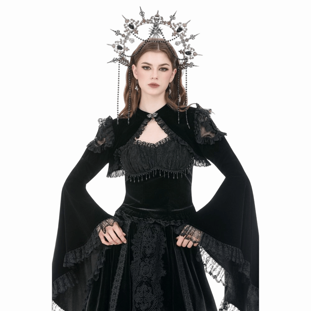 Darkinlove Women's Gothic Floral Mesh Splice Ruffled Flare Sleeve Velvet Cape