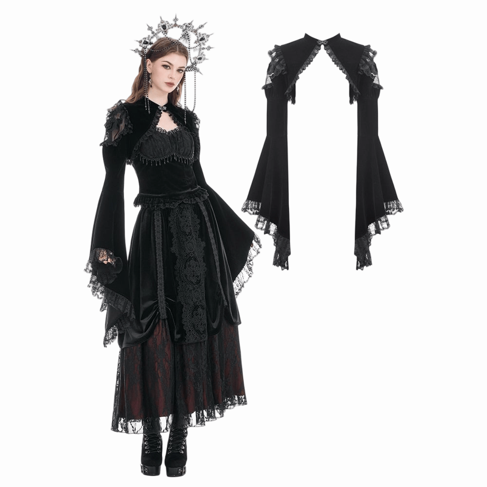 Darkinlove Women's Gothic Floral Mesh Splice Ruffled Flare Sleeve Velvet Cape