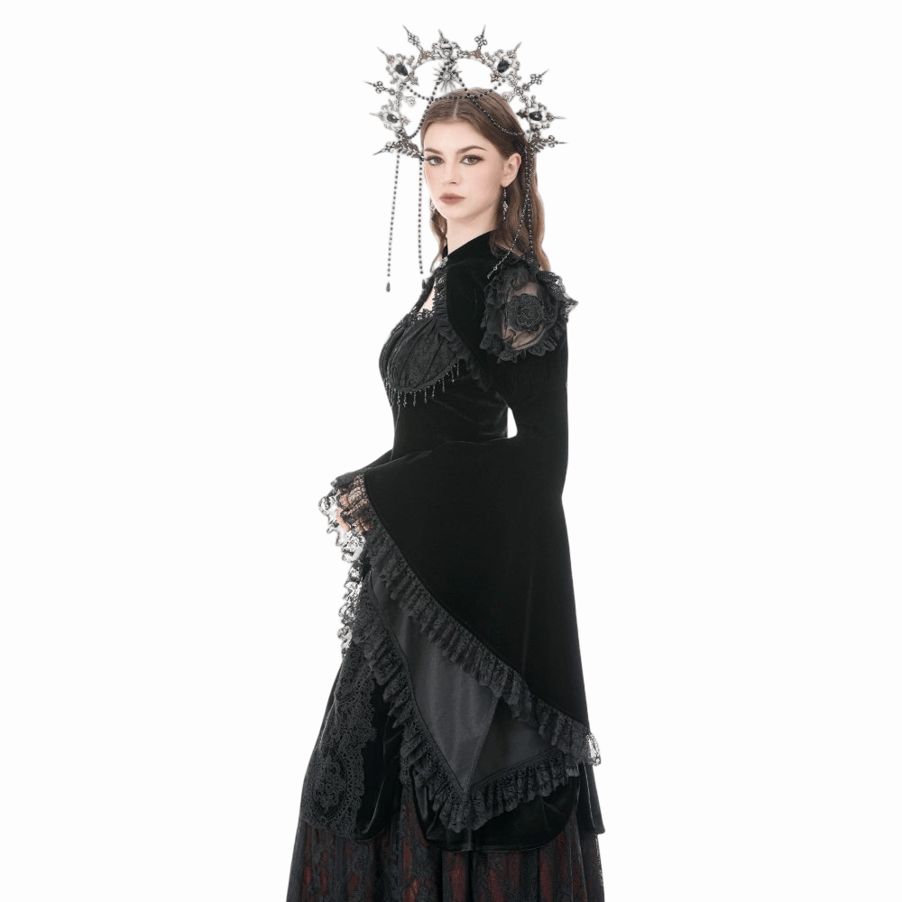 Darkinlove Women's Gothic Floral Mesh Splice Ruffled Flare Sleeve Velvet Cape