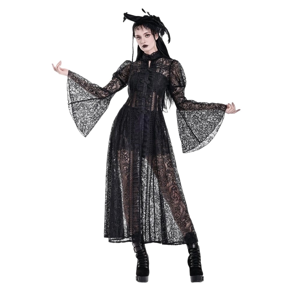 Darkinlove Women's Gothic Floral Sheer Lace Puff Bell Sleeve Long Duster Coat