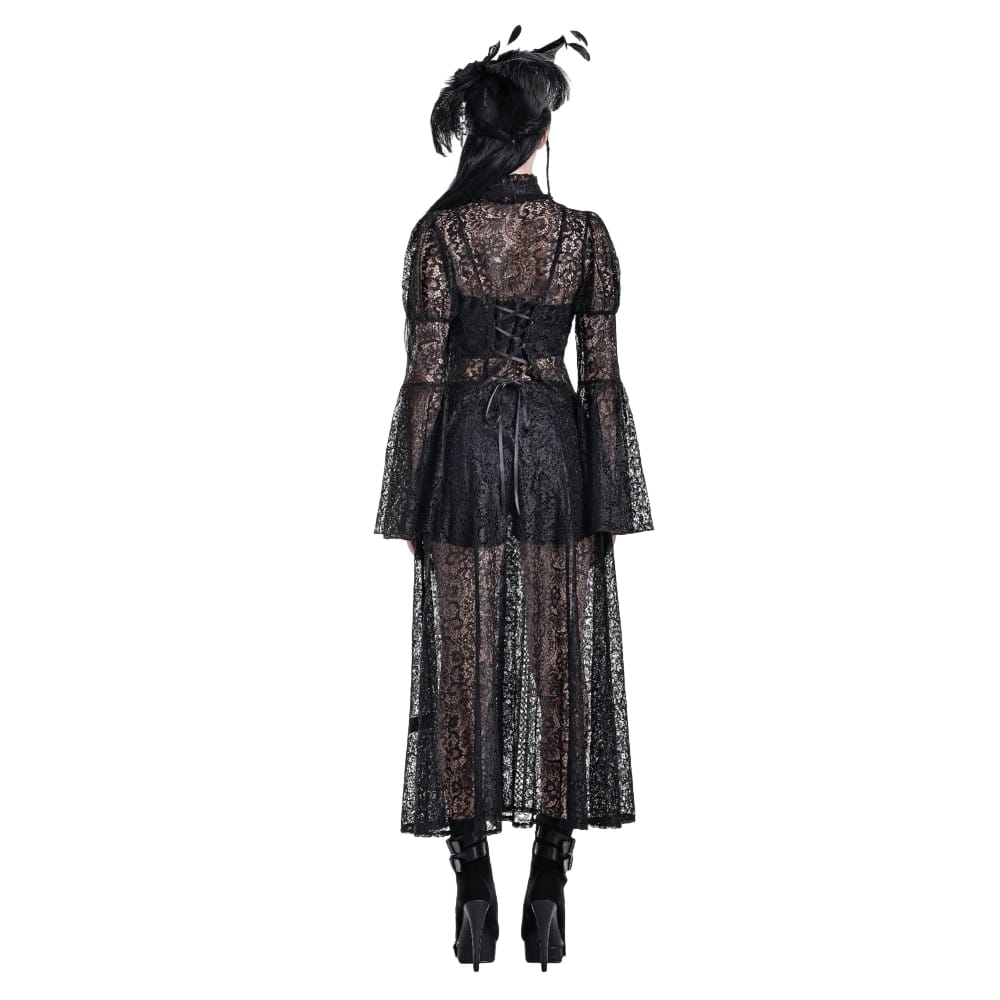 Darkinlove Women's Gothic Floral Sheer Lace Puff Bell Sleeve Long Duster Coat