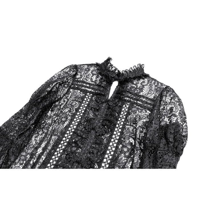 Darkinlove Women's Gothic Floral Sheer Lace Puff Bell Sleeve Long Duster Coat