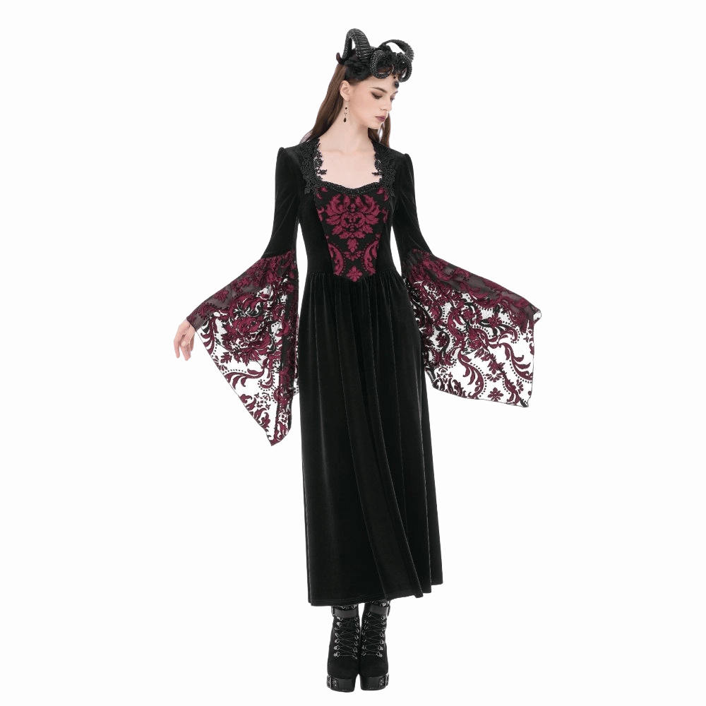 Darkinlove Women's Gothic Floral Square-cut Collar Flare Sleeve Dress