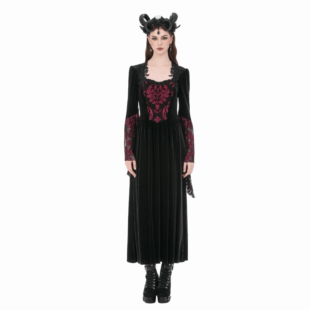 Darkinlove Women's Gothic Floral Square-cut Collar Flare Sleeve Dress