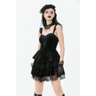 Darkinlove Women's Gothic Flower Embroidered Multilayer Lace Velet Slip Dress