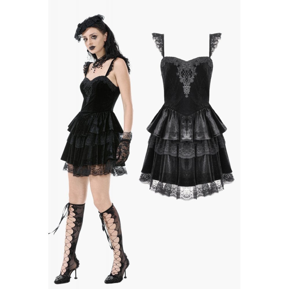 Darkinlove Women's Gothic Flower Embroidered Multilayer Lace Velet Slip Dress
