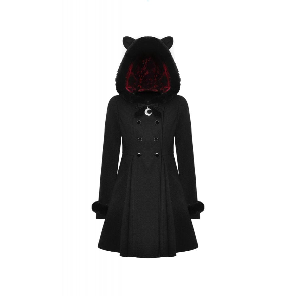 Darkinlove Women's Gothic Fluffy Splice Woolen Coat with Cat Ear Hood