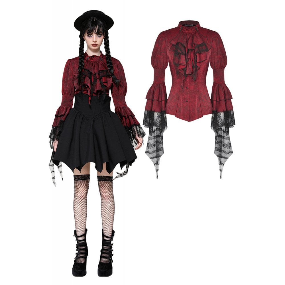 Darkinlove Women's Gothic Frilly Lace Long Sleeved Shirt Red