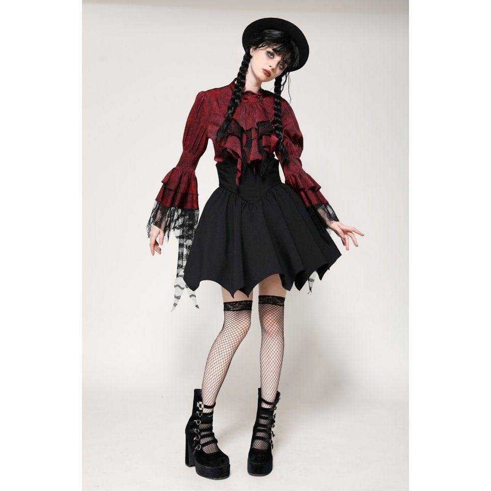 Darkinlove Women's Gothic Frilly Lace Long Sleeved Shirt Red