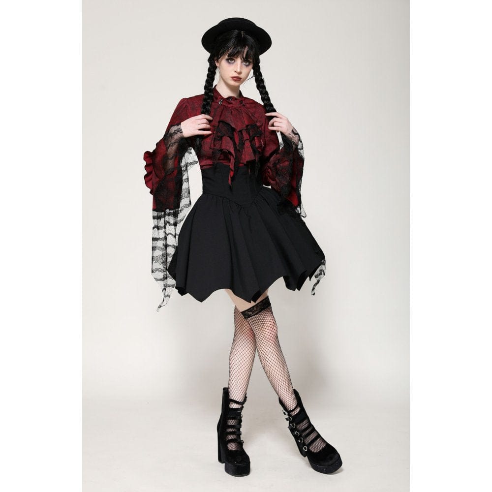 Darkinlove Women's Gothic Frilly Lace Long Sleeved Shirt Red