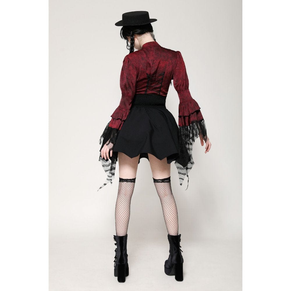 Darkinlove Women's Gothic Frilly Lace Long Sleeved Shirt Red