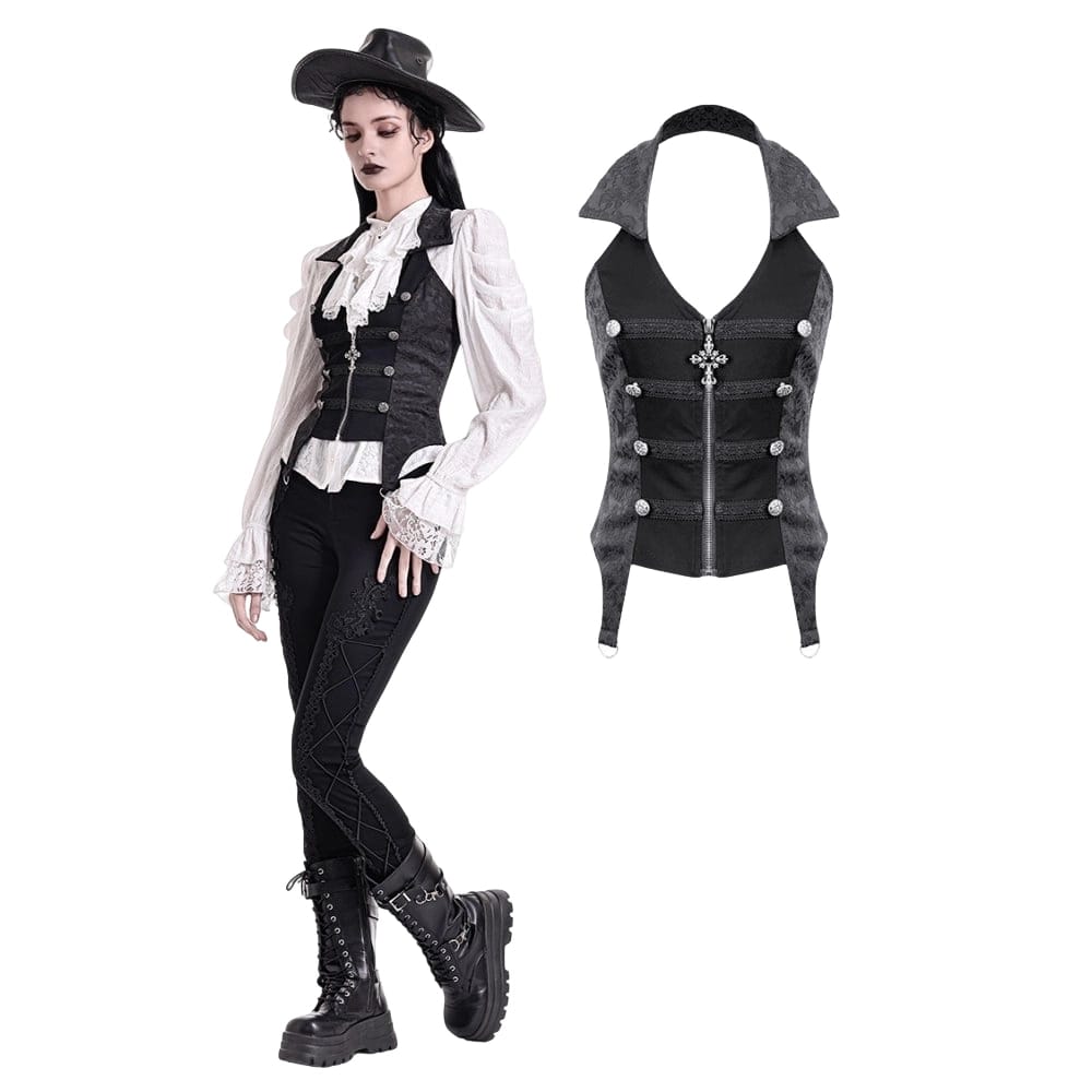 Darkinlove Women's Gothic Halter Lapel Zipper Jacquard Vest
