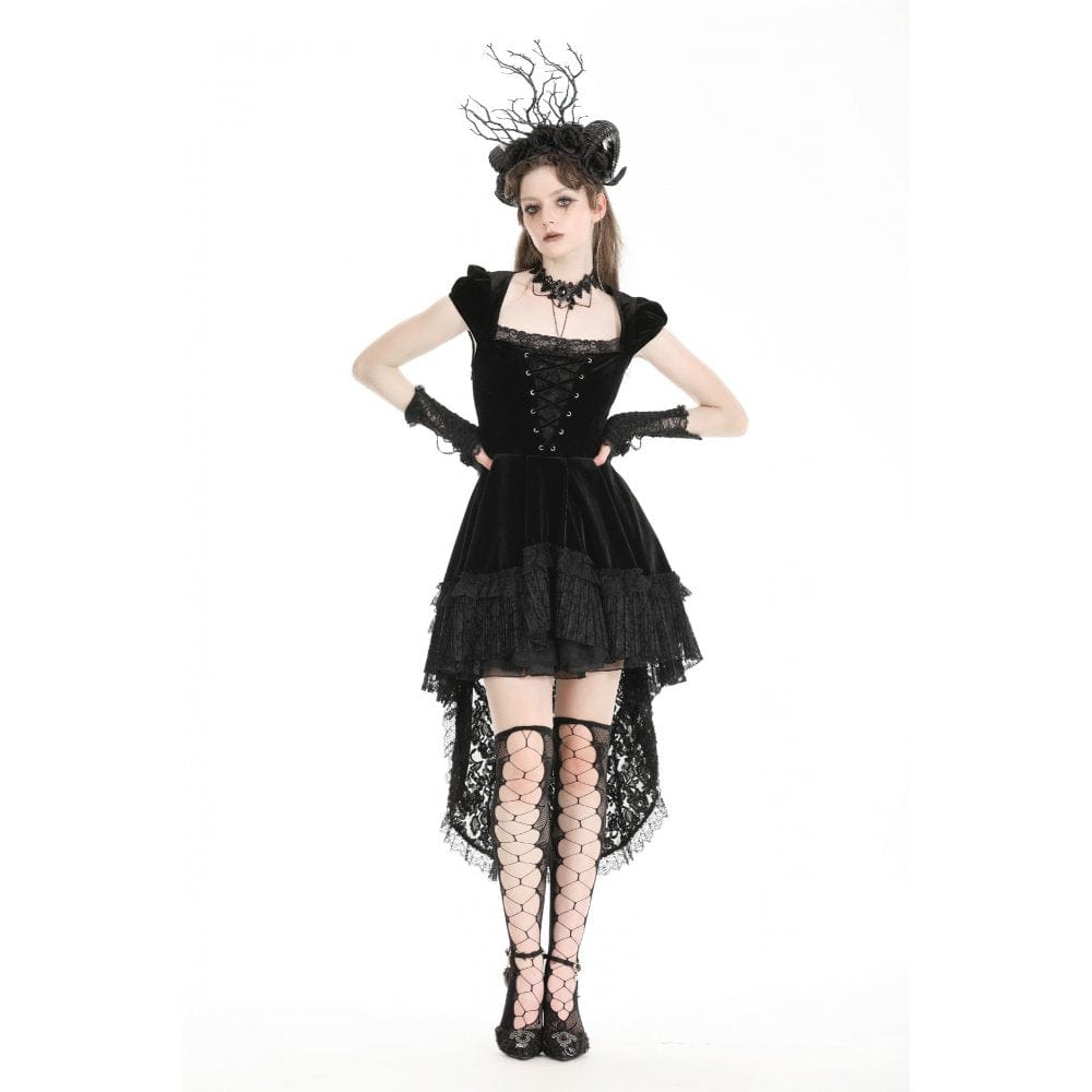 Darkinlove Women's Gothic High/Low Lace Splice Velvet Formal Dress