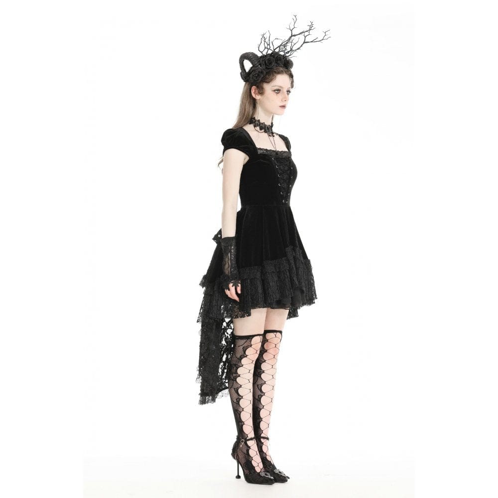 Darkinlove Women's Gothic High/Low Lace Splice Velvet Formal Dress