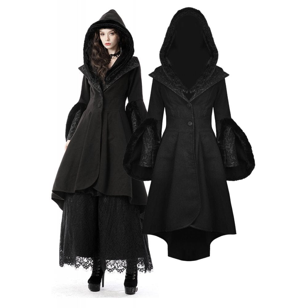 Darkinlove Women's Gothic High/Low Woolen Dovetail Coat with Hood