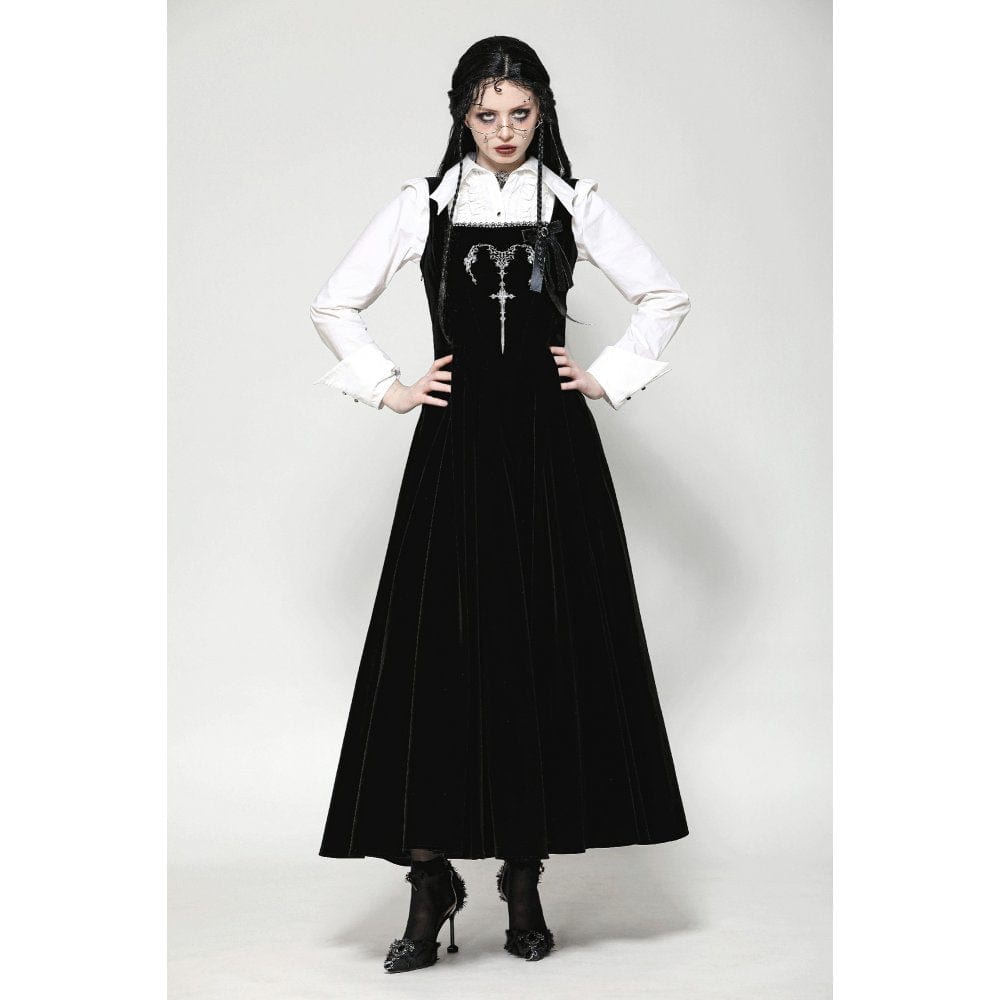 Darkinlove Women's Gothic Horned Embroidered Lace-up Velvet Slip Dress