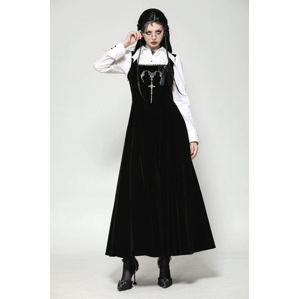 Darkinlove Women's Gothic Horned Embroidered Lace-up Velvet Slip Dress