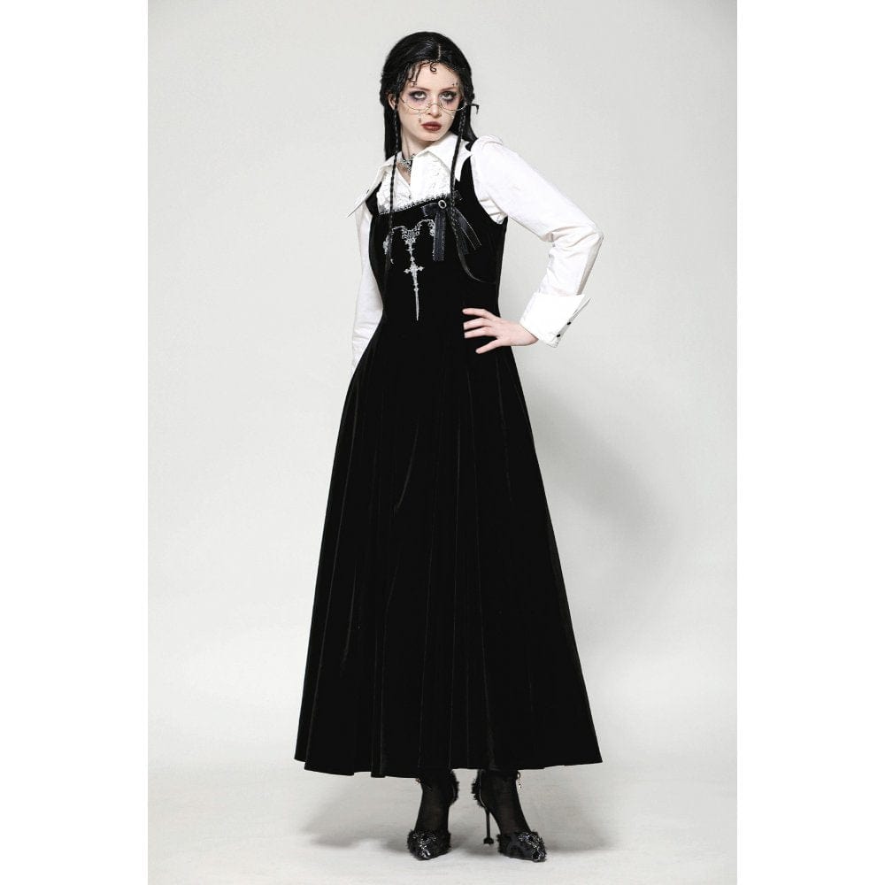 Darkinlove Women's Gothic Horned Embroidered Lace-up Velvet Slip Dress