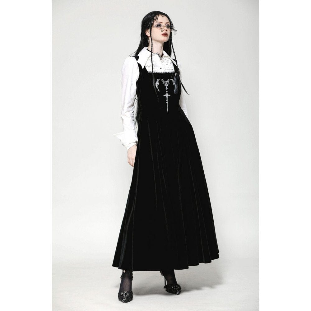 Darkinlove Women's Gothic Horned Embroidered Lace-up Velvet Slip Dress
