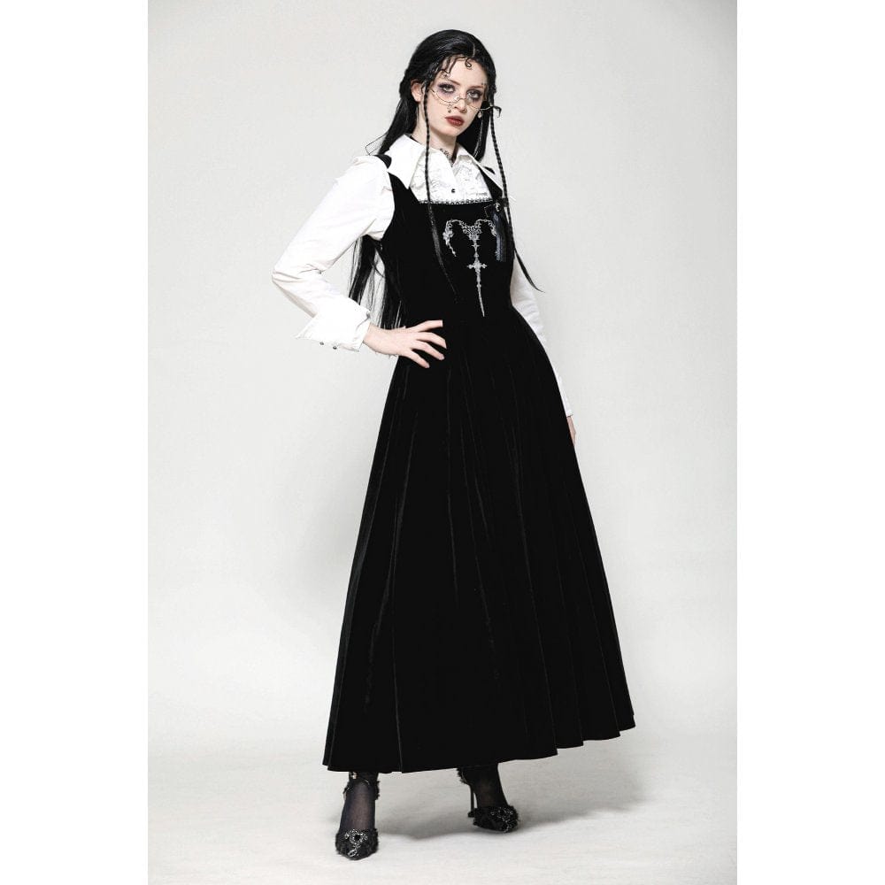 Darkinlove Women's Gothic Horned Embroidered Lace-up Velvet Slip Dress