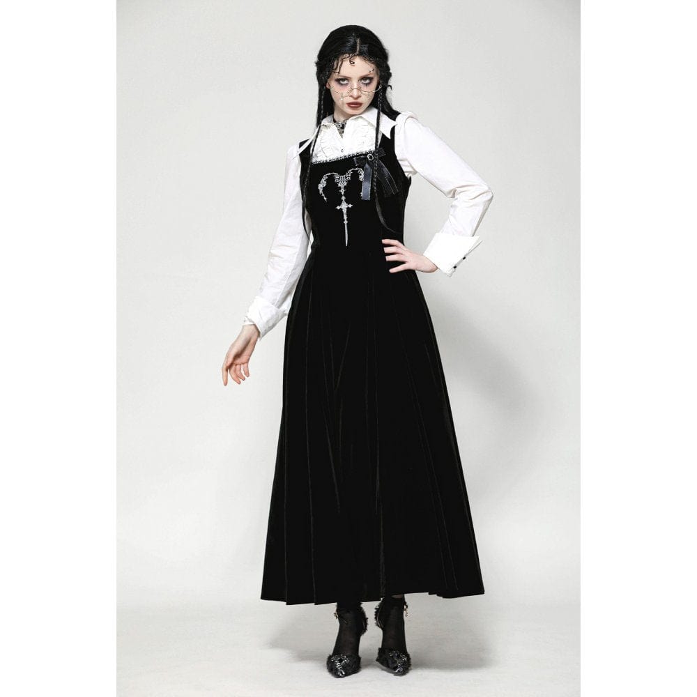Darkinlove Women's Gothic Horned Embroidered Lace-up Velvet Slip Dress