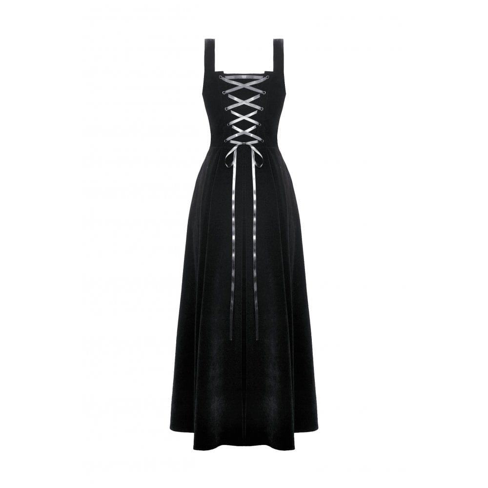 Darkinlove Women's Gothic Horned Embroidered Lace-up Velvet Slip Dress