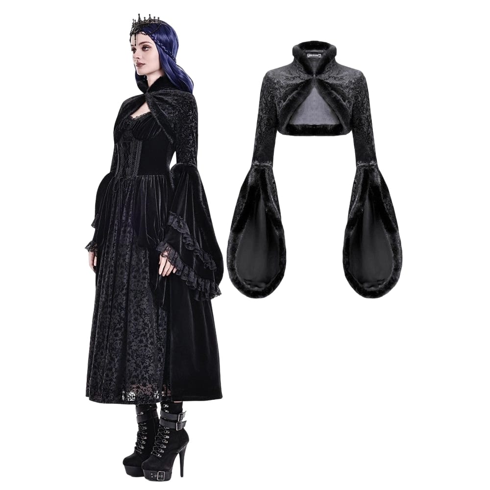 Darkinlove Women's Gothic Jacquard Faux Fur Trim Frog Button Cropped Cape