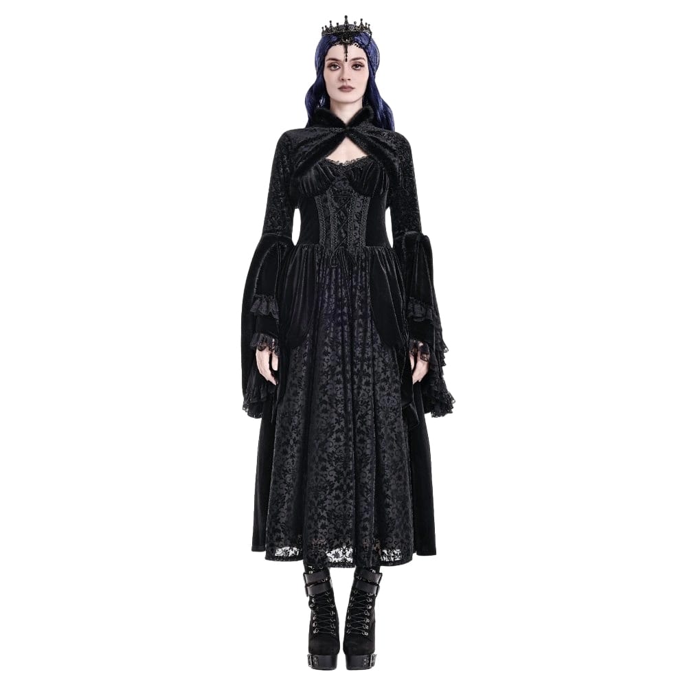 Darkinlove Women's Gothic Jacquard Faux Fur Trim Frog Button Cropped Cape