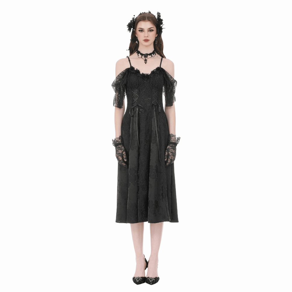 Darkinlove Women's Gothic Jacquard Lace-up Off Shoulder Slip Dress