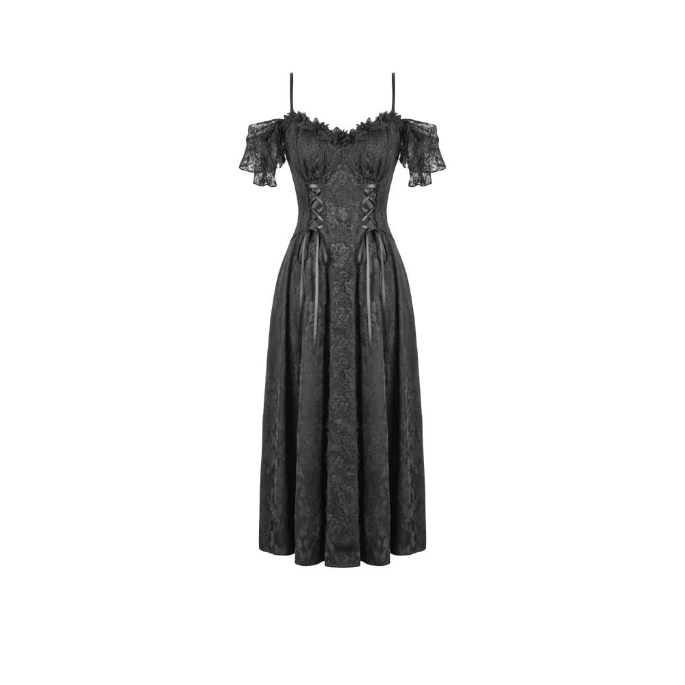 Darkinlove Women's Gothic Jacquard Lace-up Off Shoulder Slip Dress
