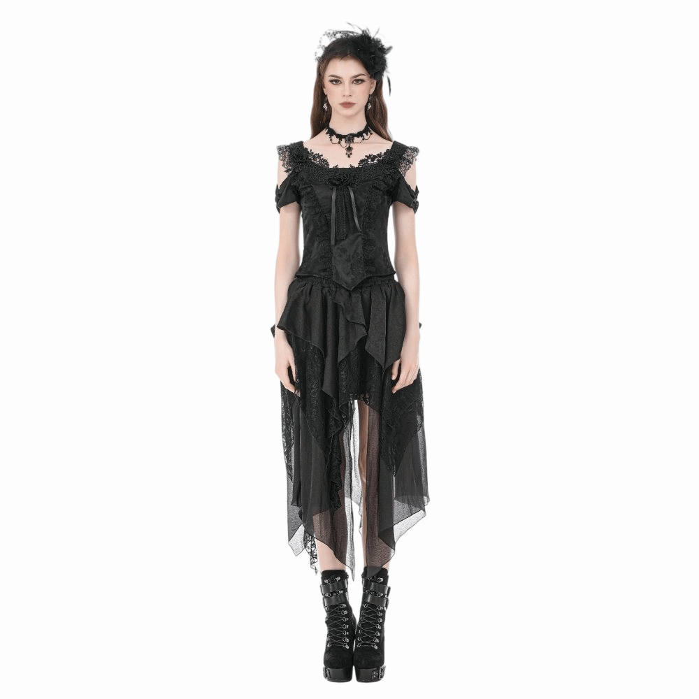 Darkinlove Women's Gothic Jacquard Rose Cutout Short Sleeve Shirt