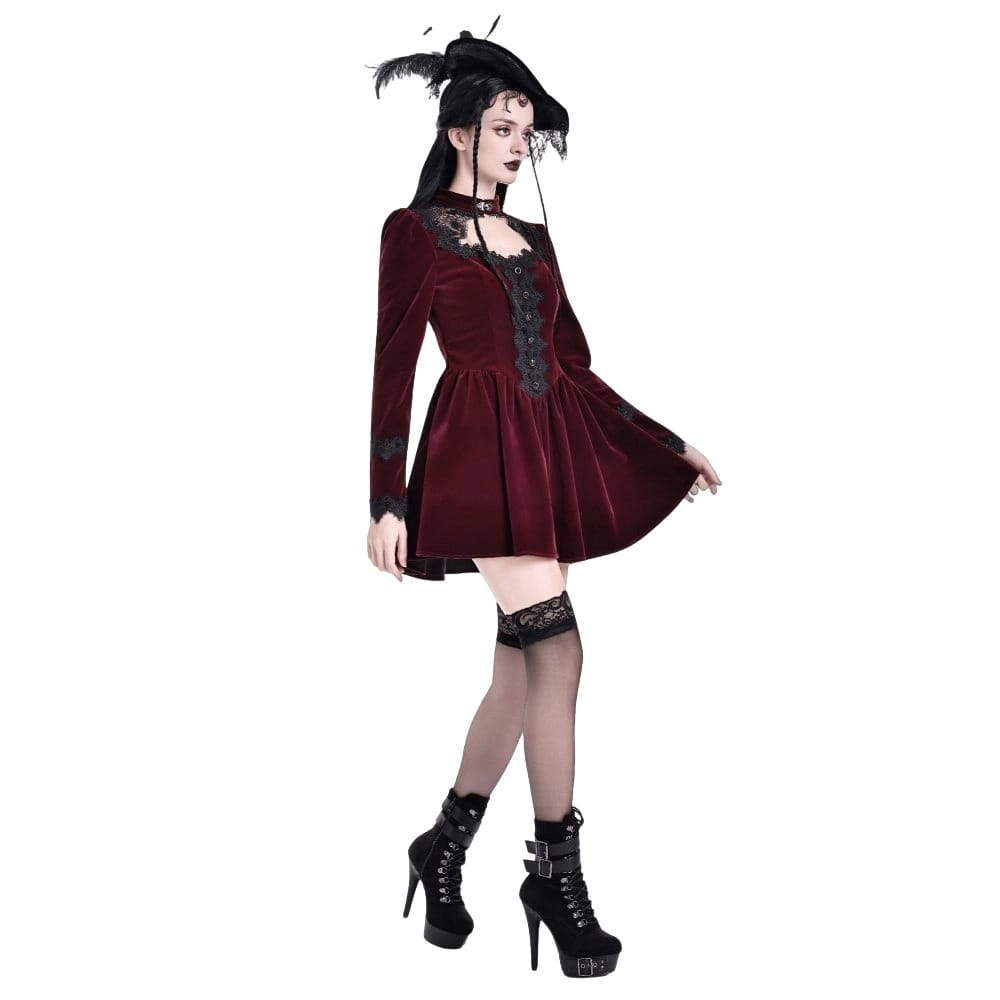 Darkinlove Women's Gothic Lace Applique Cutout Velvet Short Dress