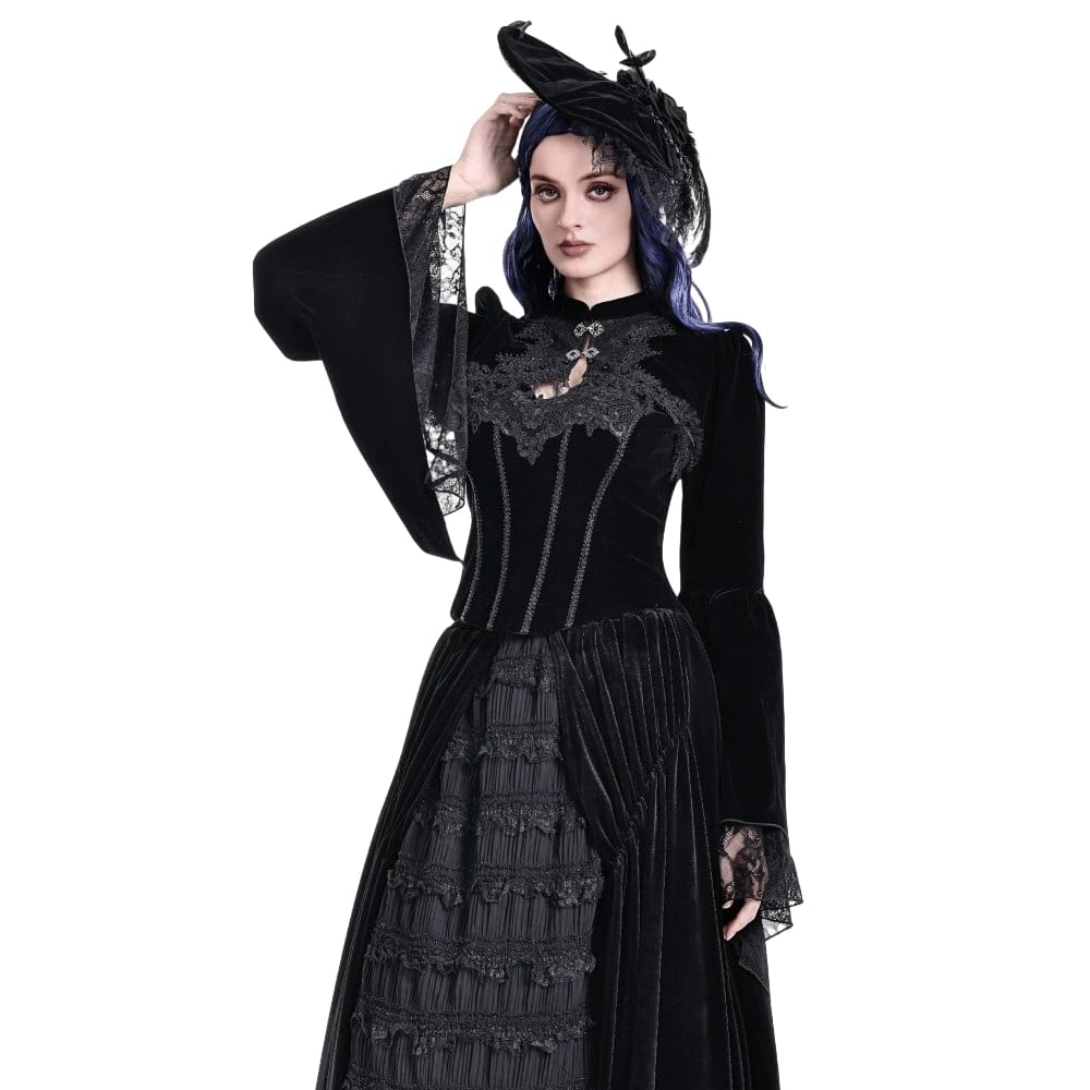 Darkinlove Women's Gothic Lace Applique Flare Sleeve Velvet Cape