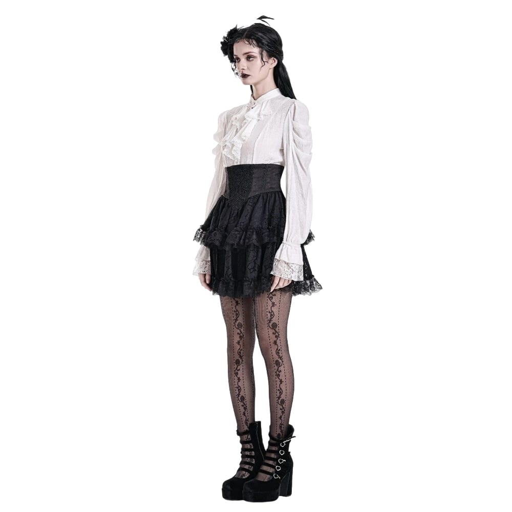 Darkinlove Women's Gothic Lace Applique Layered Ruffle High‑Waist Short Skirt