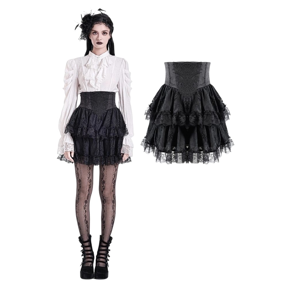 Darkinlove Women's Gothic Lace Applique Layered Ruffle High‑Waist Short Skirt