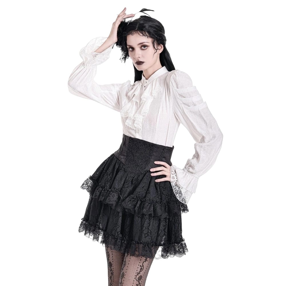 Darkinlove Women's Gothic Lace Applique Layered Ruffle High‑Waist Short Skirt