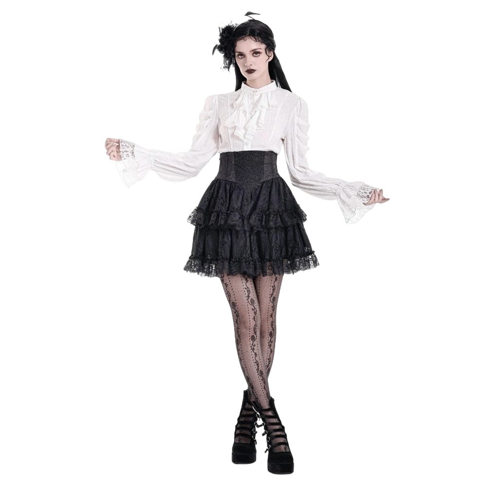 Darkinlove Women's Gothic Lace Applique Layered Ruffle High‑Waist Short Skirt
