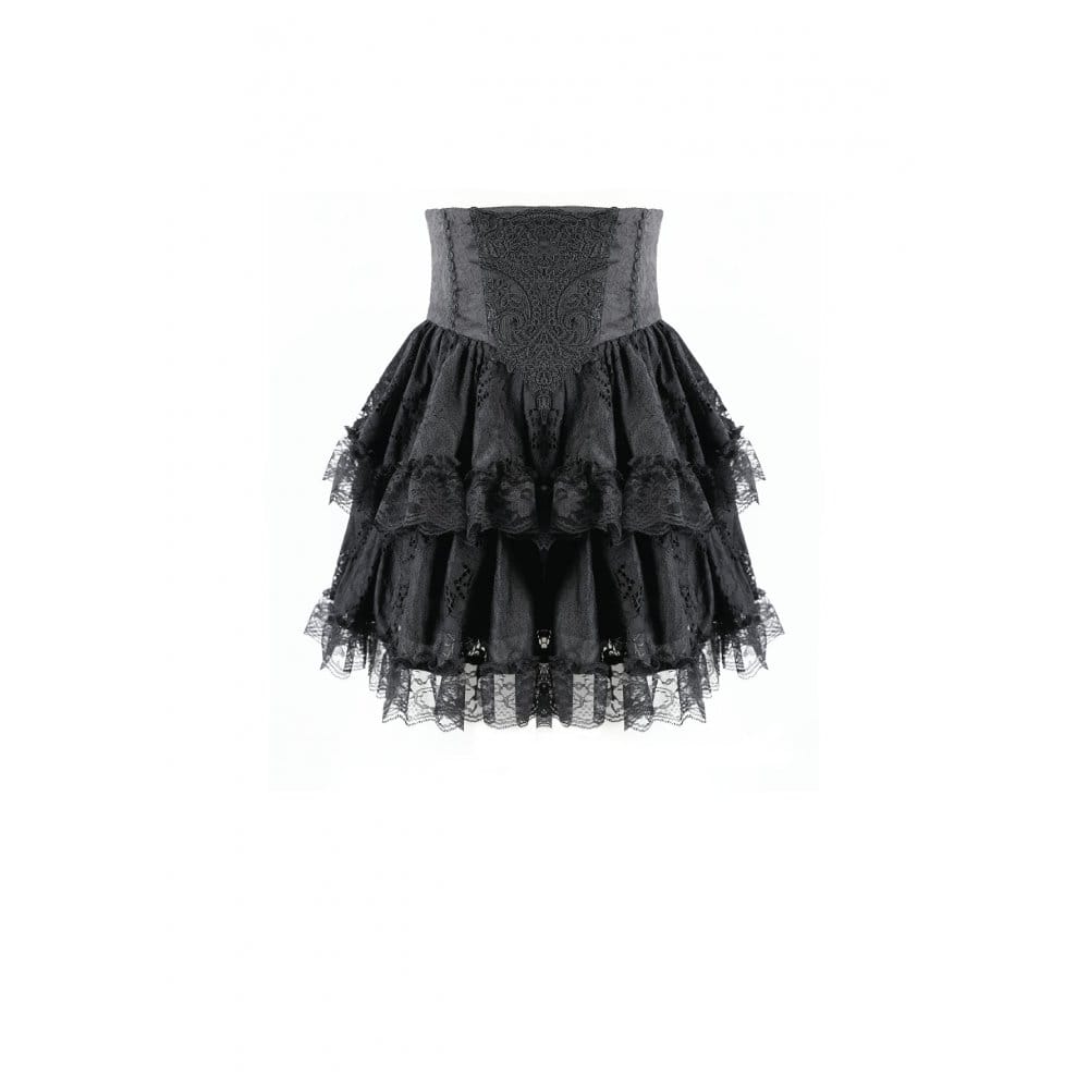 Darkinlove Women's Gothic Lace Applique Layered Ruffle High‑Waist Short Skirt