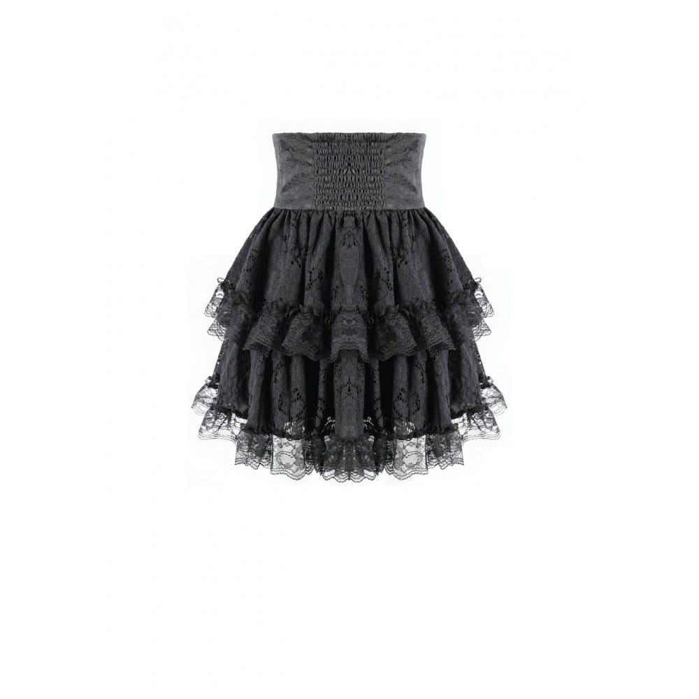 Darkinlove Women's Gothic Lace Applique Layered Ruffle High‑Waist Short Skirt