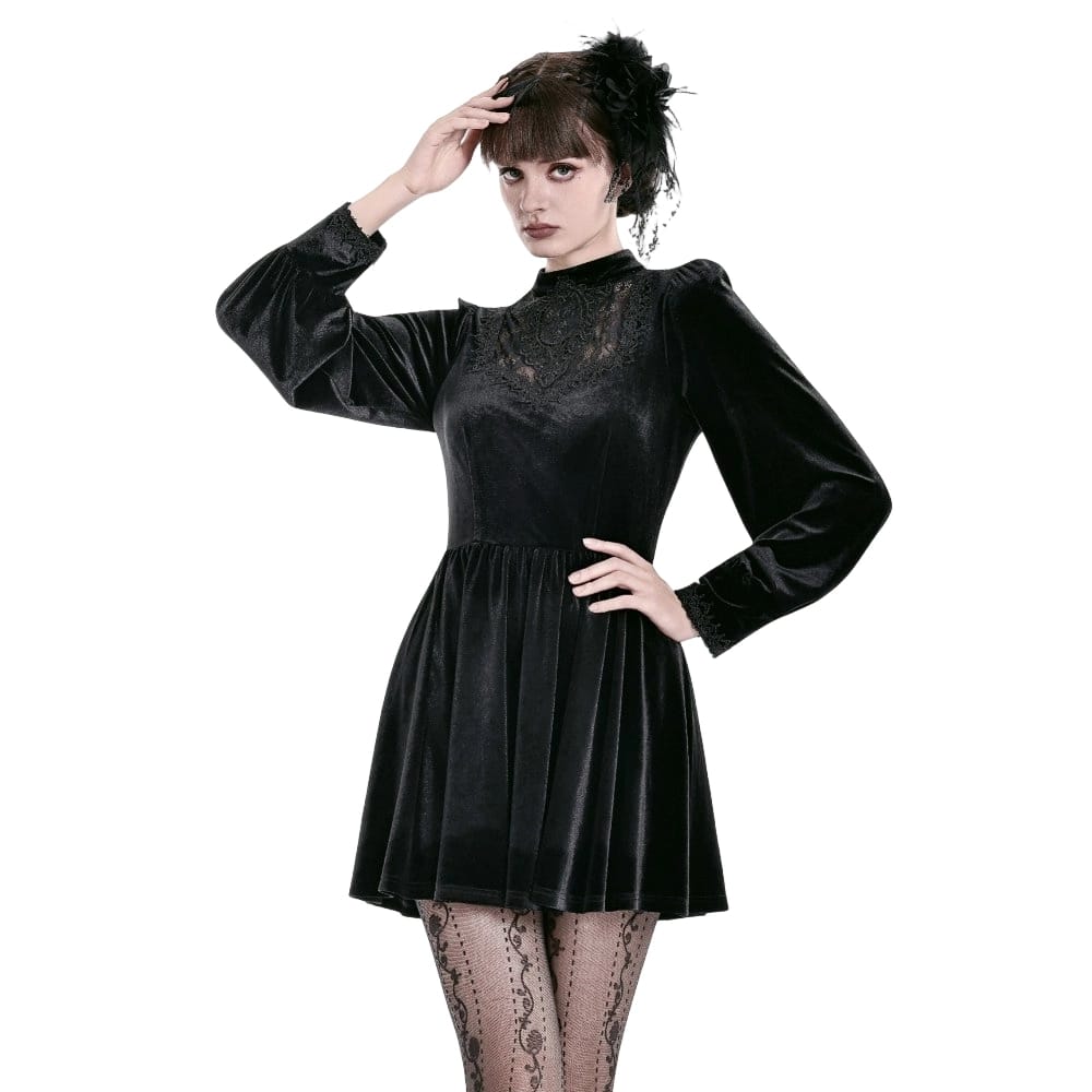 Darkinlove Women's Gothic Lace Applique Mock Neck Bishop Sleeve Velvet Short Dress