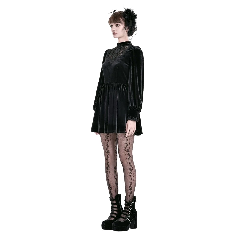 Darkinlove Women's Gothic Lace Applique Mock Neck Bishop Sleeve Velvet Short Dress