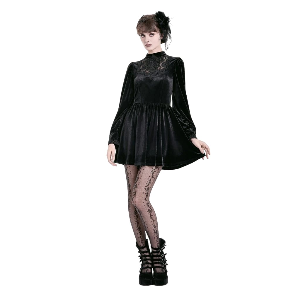 Darkinlove Women's Gothic Lace Applique Mock Neck Bishop Sleeve Velvet Short Dress