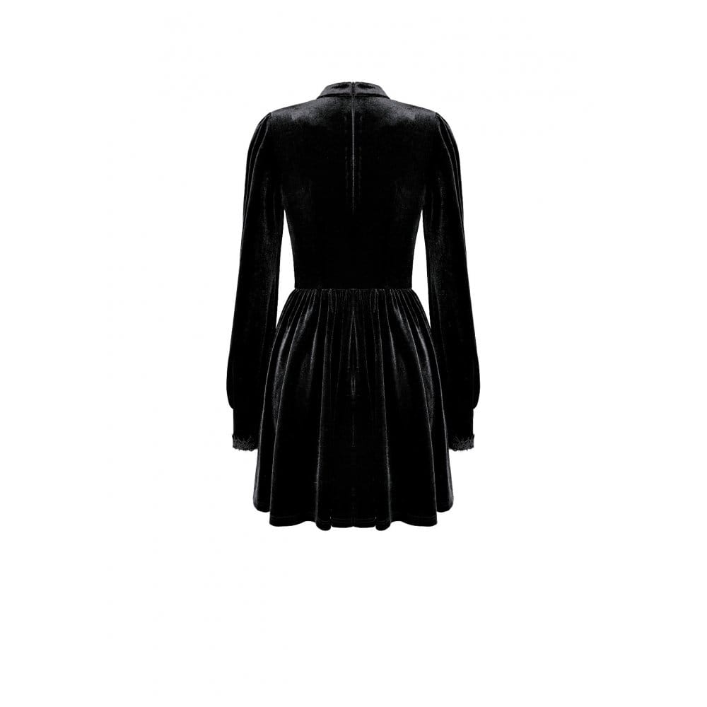 Darkinlove Women's Gothic Lace Applique Mock Neck Bishop Sleeve Velvet Short Dress