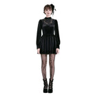 Darkinlove Women's Gothic Lace Applique Mock Neck Bishop Sleeve Velvet Short Dress