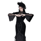 Darkinlove Women's Gothic Lace Applique Mock Neck Flare Sleeve Velvet Top