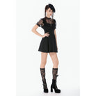 Darkinlove Women's Gothic Lace Cross Ruffled Short Sleeved Dress