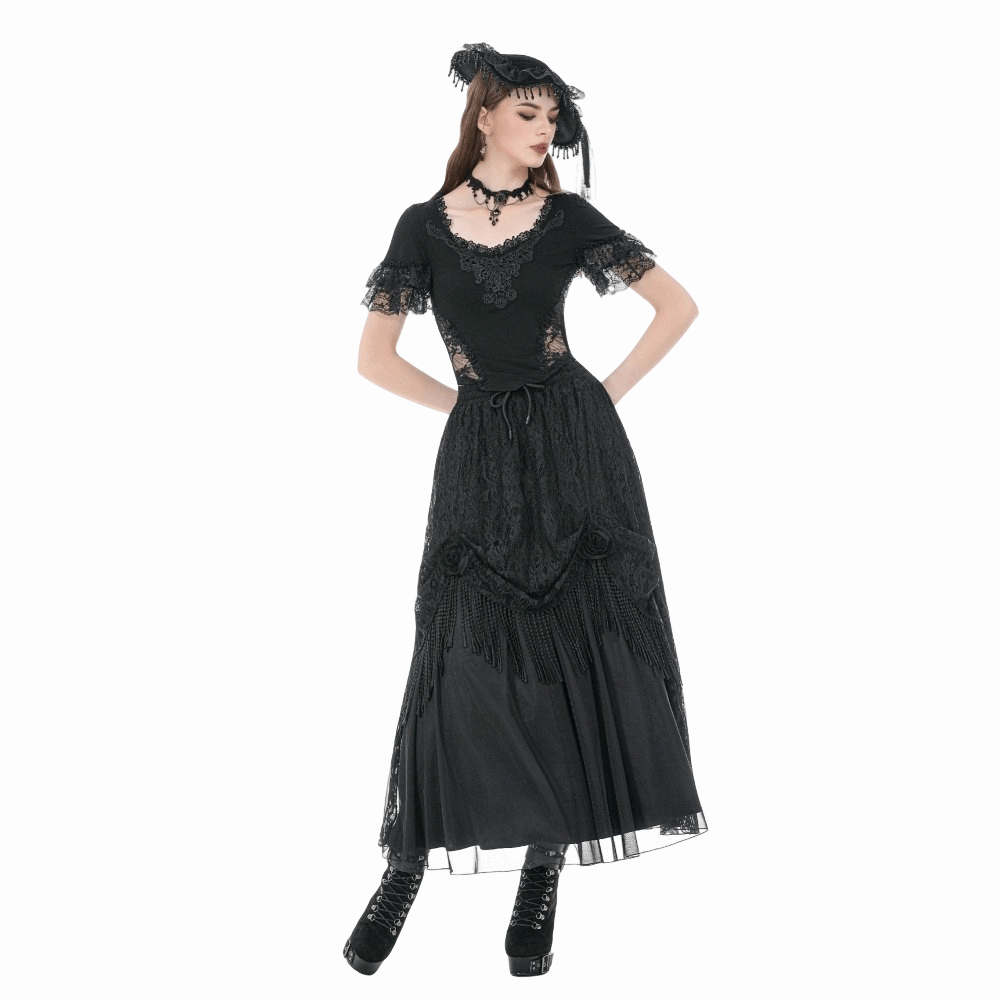 Darkinlove Women's Gothic Lace Embroidered Square-cut Collar Short Sleeve Top