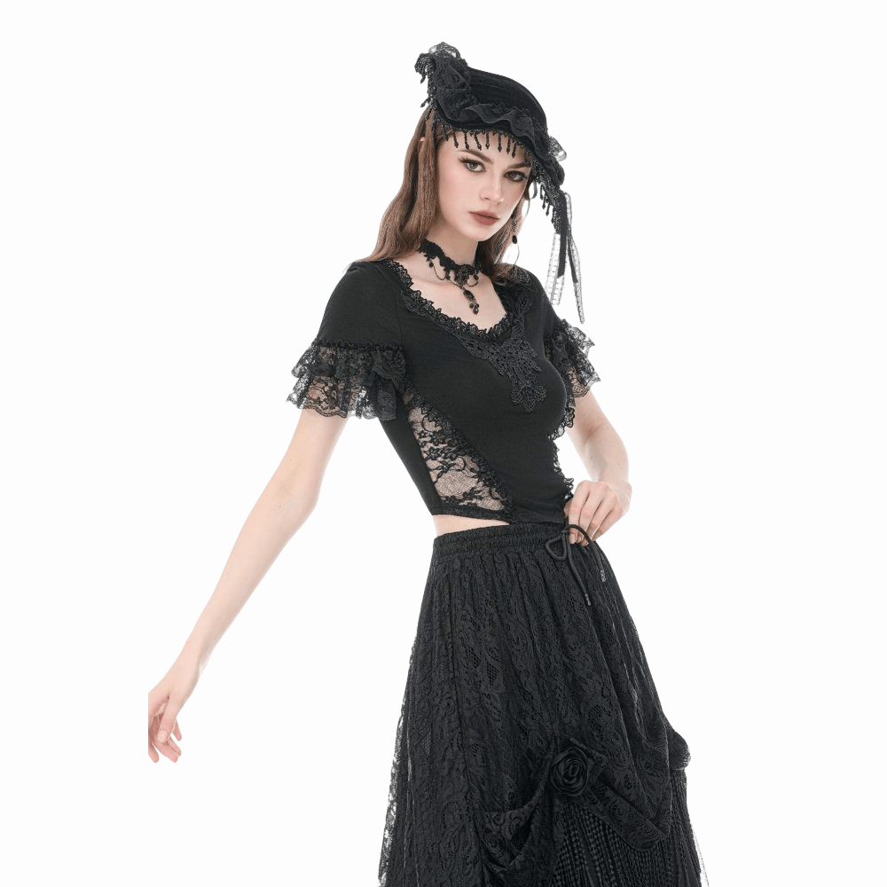 Darkinlove Women's Gothic Lace Embroidered Square-cut Collar Short Sleeve Top